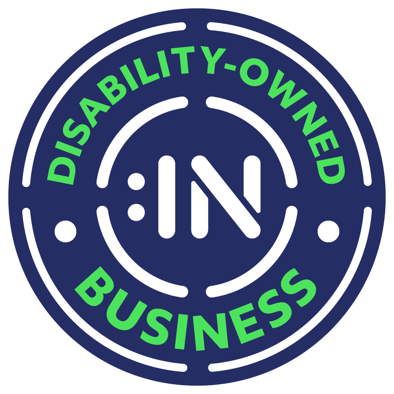 Disability-Owned business circular certification badge with text shown in circular orientation and with Disability:IN icon logo in center.