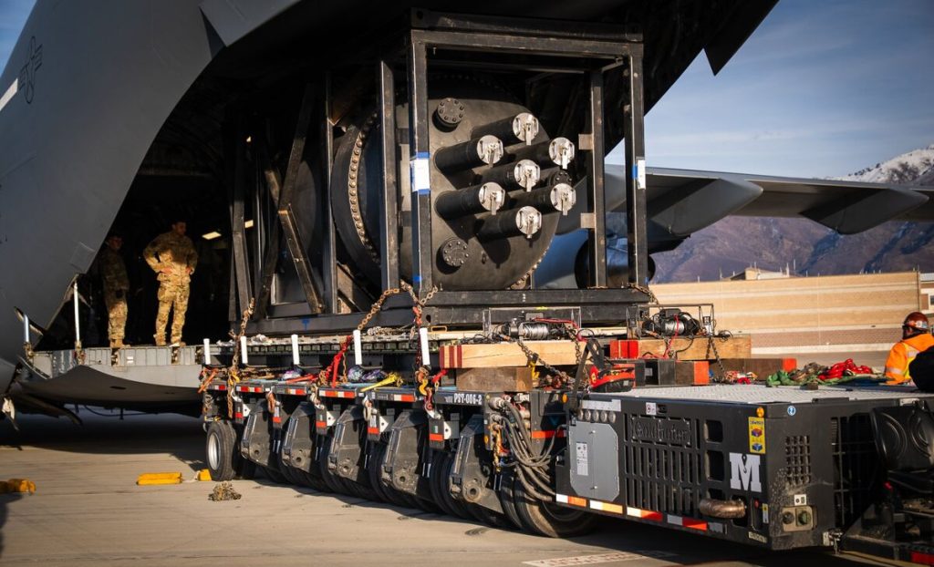 Nuclear microreactor being offloaded by Mountain Crane at Hill Air Force Base